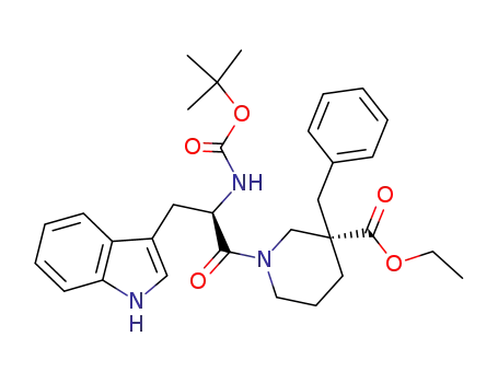 Molecular Structure of 170844-47-0 ((S)-3-Benzyl-1-[(R)-2-tert-butoxycarbonylamino-3-(1H-indol-3-yl)-propionyl]-piperidine-3-carboxylic acid ethyl ester)