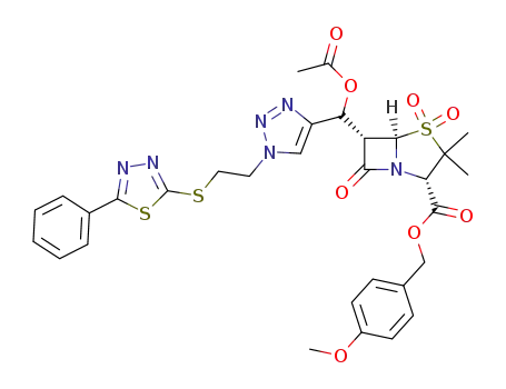 p-methoxybenzyl (3S,5R,6S)-6-<(1RS)-1-acetoxy-1-<1-<2-(2-phenyl-1,3,4-thiadiazol-5-yl)thioethyl>-1,2,3-triazol-4-yl>methyl>penicillanate 1,1-dioxide