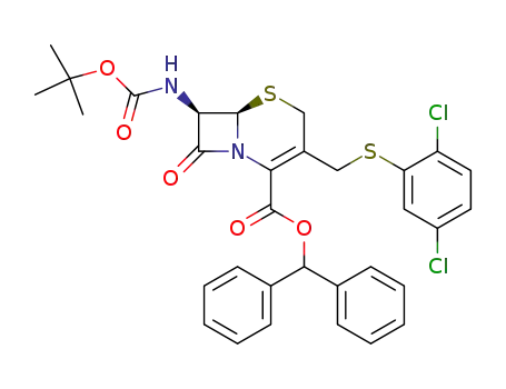 Molecular Structure of 199739-73-6 ((6R,7R)-7-tert-Butoxycarbonylamino-3-(2,5-dichloro-phenylsulfanylmethyl)-8-oxo-5-thia-1-aza-bicyclo[4.2.0]oct-2-ene-2-carboxylic acid benzhydryl ester)