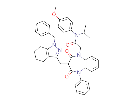 Molecular Structure of 174180-79-1 (2-[2,4-Dioxo-5-phenyl-3-(4,5,6,7-tetrahydro-1-benzyl-1H-indazol-3-ylmethyl)-2,3,4,5-tetrahydro-benzo[b][1,4]diazepin-1-yl]-N-isopropyl-N-(4-methoxyphenyl)-acetamide)