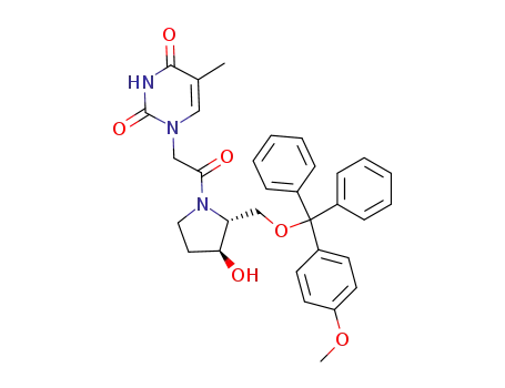 Molecular Structure of 198625-06-8 (3(S)-hydroxy-2(R)-monomethoxytrityloxymethyl-N-[(thymin-1-yl)-acetyl] pyrrolidine)