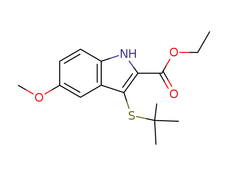 Molecular Structure of 168018-33-5 (1H-Indole-2-carboxylic acid, 3-[(1,1-dimethylethyl)thio]-5-methoxy-, ethyl
ester)