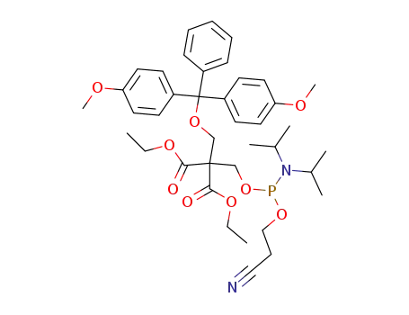 Molecular Structure of 171285-25-9 (Propanedioic acid,
[[bis(4-methoxyphenyl)phenylmethoxy]methyl][[[[bis(1-methylethyl)amino]
(2-cyanoethoxy)phosphino]oxy]methyl]-, diethyl ester)