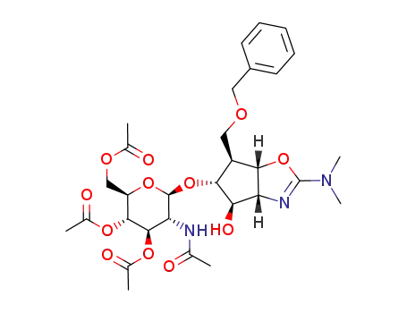 Acetic acid (2R,3S,4R,5R,6R)-3-acetoxy-2-acetoxymethyl-5-acetylamino-6-((3aR,4R,5R,6S,6aS)-6-benzyloxymethyl-2-dimethylamino-4-hydroxy-4,5,6,6a-tetrahydro-3aH-cyclopentaoxazol-5-yloxy)-tetrahydro-pyran-4-yl ester