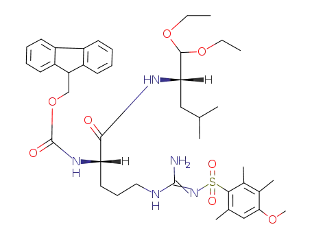 Molecular Structure of 164472-81-5 ([(S)-4-({Amino-[(E)-4-methoxy-2,3,6-trimethyl-benzenesulfonylimino]-methyl}-amino)-1-((S)-1-diethoxymethyl-3-methyl-butylcarbamoyl)-butyl]-carbamic acid 9H-fluoren-9-ylmethyl ester)