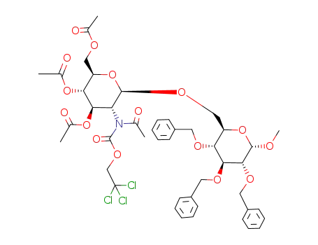 Acetic acid (2R,3S,4R,5R,6R)-3-acetoxy-2-acetoxymethyl-5-[acetyl-(2,2,2-trichloro-ethoxycarbonyl)-amino]-6-((2R,3R,4S,5R,6S)-3,4,5-tris-benzyloxy-6-methoxy-tetrahydro-pyran-2-ylmethoxy)-tetrahydro-pyran-4-yl ester