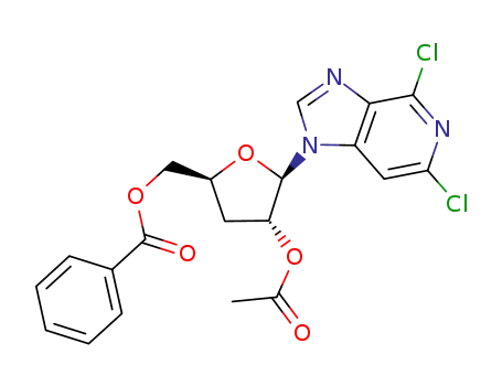 Molecular Structure of 220249-14-9 (1-(2-O-acetyl-5-O-benzoyl-3-deoxy-β-D-ribofuranosyl)-4,6-dichloro-1H-imidazo<4,5-c>pyridine)