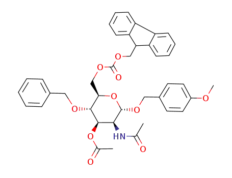 Molecular Structure of 175979-09-6 (Acetic acid (2S,3S,4R,5S,6R)-3-acetylamino-5-benzyloxy-6-(9H-fluoren-9-ylmethoxycarbonyloxymethyl)-2-(4-methoxy-benzyloxy)-tetrahydro-pyran-4-yl ester)