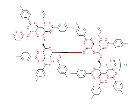 Molecular Structure of 187863-32-7 (O-(3-O-allyl-6-O-levulinoyl-2,4-di-O-toluoyl-β-D-glucopyranosyl)-(1->6)-O-(2,3,4-tri-O-toluoyl-β-D-glucopyranosyl)-(1->6)-O-(3-O-allyl-2,4-di-O-toluoyl-β-D-glucopyranosyl)-(1->6)-2,3,4-tri-O-toluoyl-α-D-glucopyranosyl trichloroacetimidate)