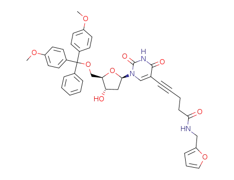 Molecular Structure of 473260-09-2 (5-(1-{(2R,4S,5R)-5-[Bis-(4-methoxy-phenyl)-phenyl-methoxymethyl]-4-hydroxy-tetrahydro-furan-2-yl}-2,4-dioxo-1,2,3,4-tetrahydro-pyrimidin-5-yl)-pent-4-ynoic acid (furan-2-ylmethyl)-amide)