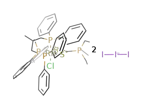 {(CH<sub>3</sub>C(CH<sub>2</sub>P(C<sub>6</sub>H<sub>5</sub>)2)3)RhCl(S<sub>2</sub>CP(C<sub>2</sub>H<sub>5</sub>)3)}<sup>(2+)</sup>*2I<sub>3</sub><sup>(1-)</sup>={(CH<sub>3</sub>C(CH<sub>2</sub>P(C<sub>6</sub>H<sub>5</sub>)2)3)RhCl(S<sub>2</sub>CP(C<sub>2</sub>H<sub>5</sub>)3)}(I<sub>3</sub>)2