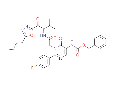 Molecular Structure of 1027244-84-3 ([1-{[(S)-1-(5-Butyl-[1,3,4]oxadiazole-2-carbonyl)-2-methyl-propylcarbamoyl]-methyl}-2-(4-fluoro-phenyl)-6-oxo-1,6-dihydro-pyrimidin-5-yl]-carbamic acid benzyl ester)