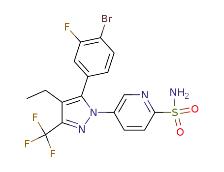Molecular Structure of 343564-58-9 (5-(5-(4-Bromo-3-fluorophenyl)-4-ethyl-3-trifluoromethyl-1H-pyrazol-1-yl)-2-pyridinesulfonamide)