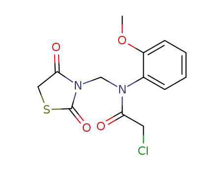 Molecular Structure of 65191-61-9 (Acetamide,
2-chloro-N-[(2,4-dioxo-3-thiazolidinyl)methyl]-N-(2-methoxyphenyl)-)