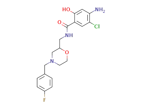 Molecular Structure of 112914-16-6 (Benzamide,
4-amino-5-chloro-N-[[4-[(4-fluorophenyl)methyl]-2-morpholinyl]methyl]-2-
hydroxy-)