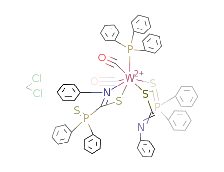 Molecular Structure of 90990-40-2 (W(CO)2(P(C<sub>6</sub>H<sub>5</sub>)3)[(C<sub>6</sub>H<sub>5</sub>)2P(S)C(S)NC<sub>6</sub>H<sub>5</sub>]2*CH<sub>2</sub>Cl<sub>2</sub>)