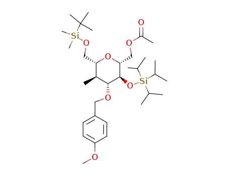 Molecular Structure of 512782-07-9 (Acetic acid (2R,3S,4R,5S,6R)-6-(tert-butyl-dimethyl-silanyloxymethyl)-4-(4-methoxy-benzyloxy)-5-methyl-3-triisopropylsilanyloxy-tetrahydro-pyran-2-ylmethyl ester)