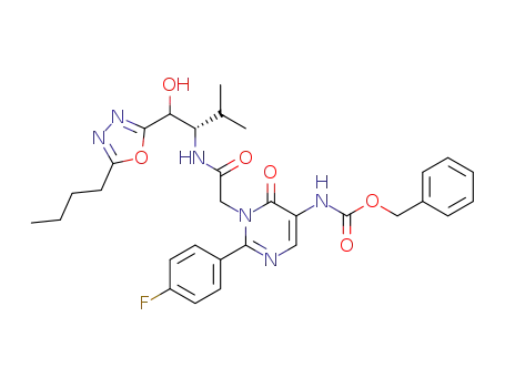 Molecular Structure of 1027078-44-9 ([1-({(S)-1-[(5-Butyl-[1,3,4]oxadiazol-2-yl)-hydroxy-methyl]-2-methyl-propylcarbamoyl}-methyl)-2-(4-fluoro-phenyl)-6-oxo-1,6-dihydro-pyrimidin-5-yl]-carbamic acid benzyl ester)