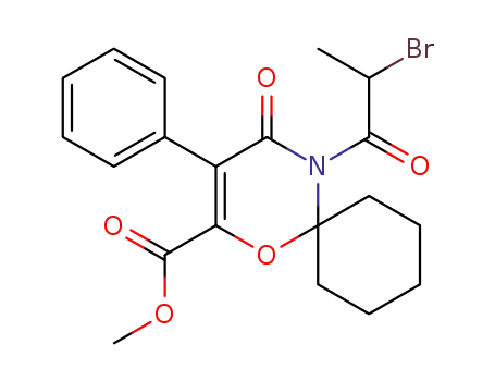 Molecular Structure of 397886-88-3 (1-Oxa-5-azaspiro[5.5]undec-2-ene-2-carboxylic acid,
5-(2-bromo-1-oxopropyl)-4-oxo-3-phenyl-, methyl ester)