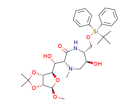 methyl (5R)-5-C-[(2'R,5'R,6'S)-5'-(tert-butyldiphenylsilyloxymethyl)-6'-hydroxy-1'-methyl-3'-oxo-1',4'-diazepan-2'-yl]-5-hydroxy-2,3-O-isopropylidene-β-D-ribofuranoside