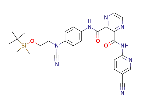 Molecular Structure of 890052-12-7 (N-{4-[(2-{[tert-butyl(dimethyl)silyl]oxy}ethyl)(cyano)amino]phenyl}-N'-(5-cyanopyridin-2-yl)pyrazine-2,3-dicarboxamide)