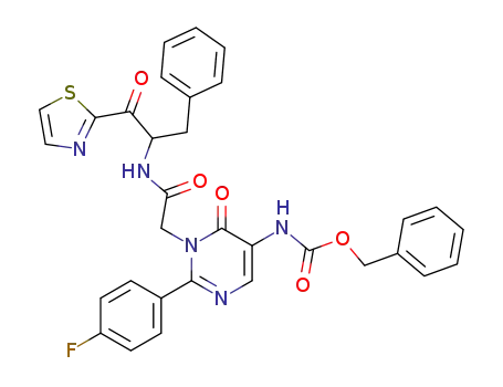 Molecular Structure of 207235-15-2 (2-[5-benzyloxycarbonylamino-2-(4-fluorophenyl)-6-oxo-1,6-dihydro-1-pyrimidinyl]-N-[2-phenyl-1-[(2-thiazolyl)carbonyl]ethyl]acetamide)