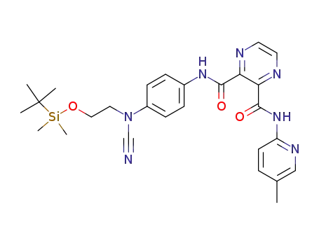 Molecular Structure of 890052-11-6 (N-{4-[(2-{[tert-butyl(dimethyl)silyl]oxy}ethyl)(cyano)amino]phenyl}-N'-(5-methyl-pyridin-2-yl)pyrazine-2,3-dicarboxamide)