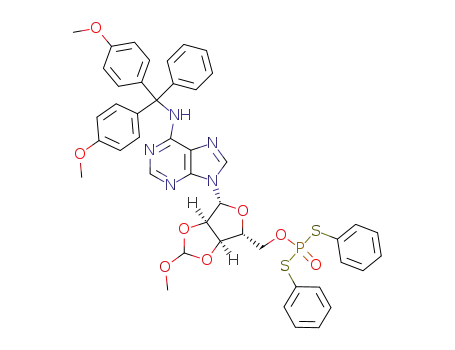 Molecular Structure of 536725-68-5 (dithiophosphoric acid <i>O</i>-[6-(6-{[bis-(4-methoxy-phenyl)-phenyl-methyl]-amino}-purin-9-yl)-2-methoxy-tetrahydro-furo[3,4-<i>d</i>][1,3]dioxol-4-ylmethyl] ester <i>S</i>,<i>S</i>'-diphenyl ester)