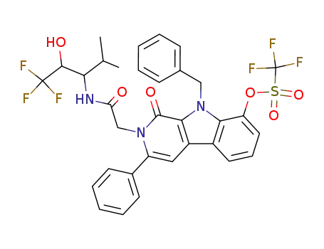Molecular Structure of 1027427-93-5 (Trifluoro-methanesulfonic acid 9-benzyl-1-oxo-3-phenyl-2-[(3,3,3-trifluoro-2-hydroxy-1-isopropyl-propylcarbamoyl)-methyl]-2,9-dihydro-1H-β-carbolin-8-yl ester)