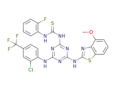 Molecular Structure of 1226644-58-1 (2-(4-methoxybenzothiazol-2'-ylamino)-4-(2-chloro-4-trifluoromethylanilino)-6-(2-fluorophenylthioureido)-1,3,5-triazine)
