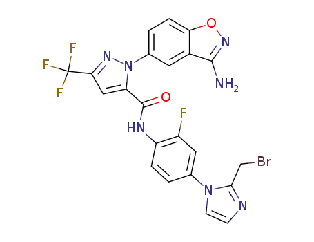 Molecular Structure of 540510-51-8 (1H-Pyrazole-5-carboxamide,
1-(3-amino-1,2-benzisoxazol-5-yl)-N-[4-[2-(bromomethyl)-1H-imidazol-
1-yl]-2-fluorophenyl]-3-(trifluoromethyl)-)
