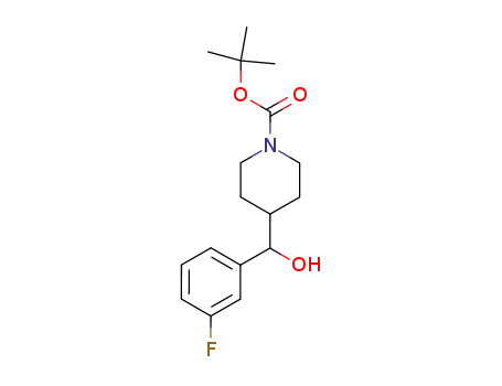 Molecular Structure of 269741-30-2 (1-Piperidinecarboxylic acid, 4-[(3-fluorophenyl)hydroxymethyl]-,
1,1-dimethylethyl ester)