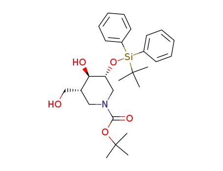 Molecular Structure of 858614-82-1 ((3R,4R,5S)-N-tert-butoxycarbonyl-3-(tert-butyldiphenylsilyloxy)-4-hydroxy-5-(hydroxymethyl)piperidine)