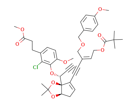 2,2-Dimethyl-propionic acid (Z)-5-((3aS,6aR)-3a-{(R)-1-[2-chloro-6-methoxy-3-(2-methoxycarbonyl-ethyl)-phenoxy]-prop-2-ynyl}-2,2-dimethyl-6,6a-dihydro-3aH-cyclopenta[1,3]dioxol-4-yl)-3-(4-methoxy-benzyloxymethyl)-pent-2-en-4-ynyl ester