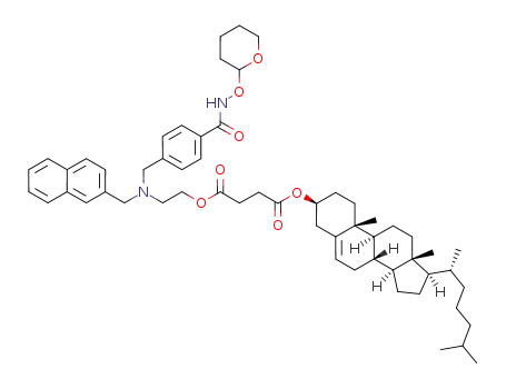 Molecular Structure of 1198587-15-3 (1-cholest-5-en-3-yl 4-{2-[(2-naphthylmethyl)(4-{[(tetrahydro-2H-pyran-2-yloxy)amino]carbonyl}benzyl)amino]ethyl} succinate)