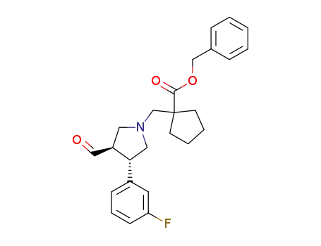 Molecular Structure of 573658-86-3 (Cyclopentanecarboxylic acid,
1-[[(3S,4R)-3-(3-fluorophenyl)-4-formyl-1-pyrrolidinyl]methyl]-,
phenylmethyl ester)