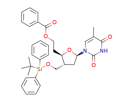 Molecular Structure of 651020-41-6 (2,4(1H,3H)-Pyrimidinedione,
1-[(2R,4R,5R)-5-[2-(benzoyloxy)ethyl]-4-[[[(1,1-dimethylethyl)diphenylsil
yl]oxy]methyl]tetrahydro-2-furanyl]-5-methyl-)