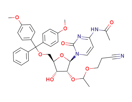 Molecular Structure of 828247-75-2 (N-(1-{(2R,3R,4R,5R)-5-[Bis-(4-methoxy-phenyl)-phenyl-methoxymethyl]-3-[1-(2-cyano-ethoxy)-ethoxy]-4-hydroxy-tetrahydro-furan-2-yl}-2-oxo-1,2-dihydro-pyrimidin-4-yl)-acetamide)