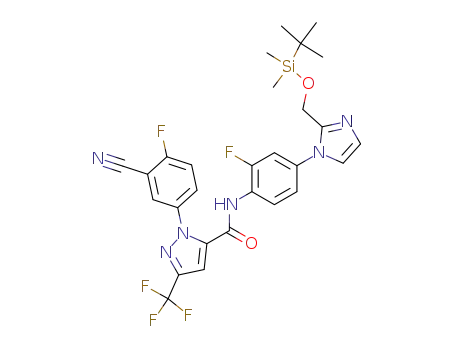 Molecular Structure of 540510-49-4 (1H-Pyrazole-5-carboxamide,
1-(3-cyano-4-fluorophenyl)-N-[4-[2-[[[(1,1-dimethylethyl)dimethylsilyl]oxy]
methyl]-1H-imidazol-1-yl]-2-fluorophenyl]-3-(trifluoromethyl)-)