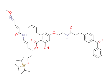 Molecular Structure of 1027170-53-1 (4-{2-[3-(4-Benzoyl-phenyl)-propionylamino]-ethoxy}-2-hydroxy-6-(3-methyl-but-2-enyl)-benzoic acid (E)-(S)-4-((E)-4-methoxyimino-but-2-enoylamino)-1-(2-triisopropylsilanyloxy-ethyl)-but-3-enyl ester)