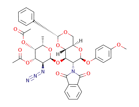 4-methoxyphenyl (3,4-di-O-acetyl-2-azido-2-deoxy-α-L-fucopyranosyl)-(1->3)-4,6-O-benzylidene-2-deoxy-2-N-phthalimido-β-D-glucopyranoside