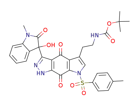 Molecular Structure of 892112-74-2 (tert-butyl (2-{1-(3-hydroxy-1-methyl-2-oxo-2,3-dihydro-1H-indol-3-yl)-7-[(4-methylphenyl)sulfonyl]-4,8-dioxo-1,4,7,8-tetrahydro-pyrrolo[3,2-f]indazol-5-yl}ethyl)carbamate)
