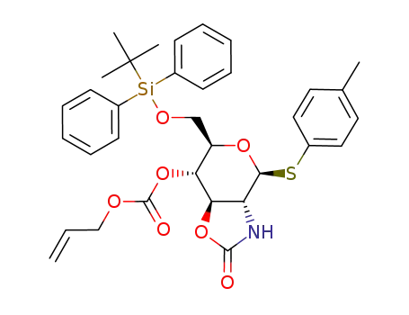 Molecular Structure of 868367-33-3 (carbonic acid allyl ester 6-(<i>tert</i>-butyl-diphenyl-silanyloxymethyl)-2-oxo-4-<i>p</i>-tolylsulfanyl-hexahydro-pyrano[3,4-<i>d</i>]oxazol-7-yl ester)