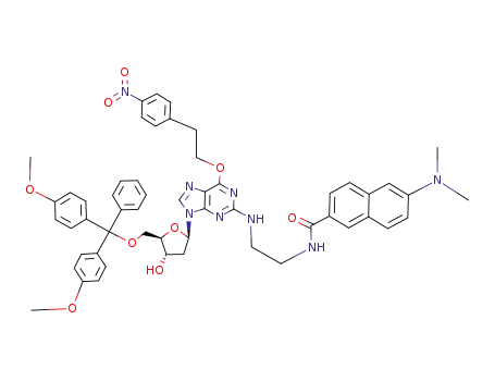 Molecular Structure of 872419-13-1 (6-Dimethylamino-naphthalene-2-carboxylic acid (2-{9-{(2R,4S,5R)-5-[bis-(4-methoxy-phenyl)-phenyl-methoxymethyl]-4-hydroxy-tetrahydro-furan-2-yl}-6-[2-(4-nitro-phenyl)-ethoxy]-9H-purin-2-ylamino}-ethyl)-amide)