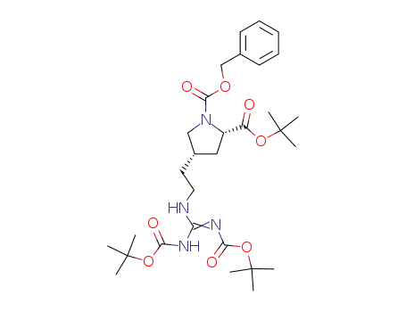 Molecular Structure of 654666-05-4 (1,2-Pyrrolidinedicarboxylic acid,
4-[2-[[bis[[(1,1-dimethylethoxy)carbonyl]amino]methylene]amino]ethyl]-,
2-(1,1-dimethylethyl) 1-(phenylmethyl) ester, (2S,4S)-)