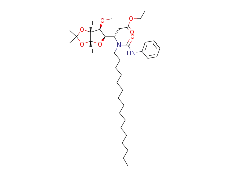 Molecular Structure of 623559-48-8 (ethyl [(1R,2R,3S,4R,5S)-5,6-dideoxy-1,2-O-isopropylidene-3-O-methyl-5-(N<sup>1</sup>-hexadecyl-N<sup>3</sup>-phenyl-1-ureidyl)-1,4-heptofuranos-5-yl]uronoate)