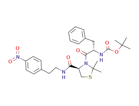 Molecular Structure of 917253-06-6 (R-2,2-dimethyl-3-(N-(1,1-dimethylethoxycarbonyl)-L-phenylalanyl)-N-(2-(4-nitrophenyl)ethyl)tetrahydrothiazole-4-carboxamide)
