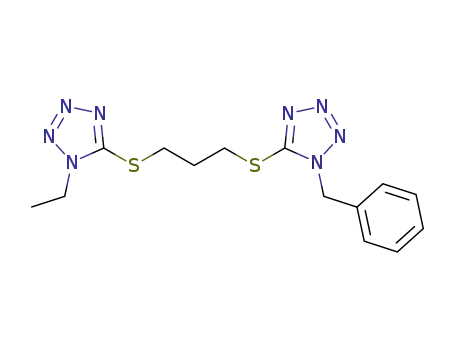 Molecular Structure of 1296865-66-1 (1-benzyl-5-[3-(1-ethyl-1H-tetrazol-5-ylthio)propylthio]-1H-tetrazole)