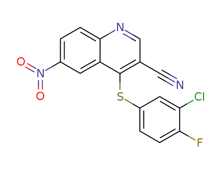 Molecular Structure of 928779-55-9 (3-Quinolinecarbonitrile, 4-[(3-chloro-4-fluorophenyl)thio]-6-nitro-)