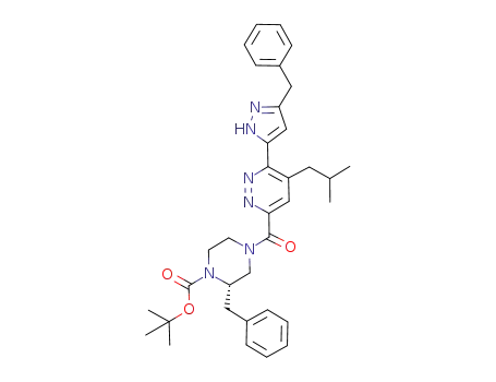 Molecular Structure of 952591-38-7 (tert-butyl (S)-2-benzyl-4-[6-(3-benzyl-1H-pyrazol-5-yl)-5-iso-butylpyridazine-3-carbonyl]piperazine-1-carboxylate)